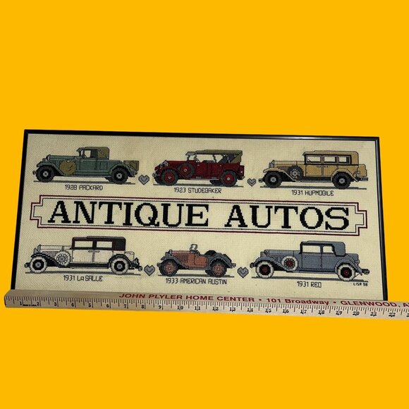 Framed "Antique Autos" Vintage Cross Stitch Wall Art Auto Enthusiasts Man Cave D - Picture 1 of 6